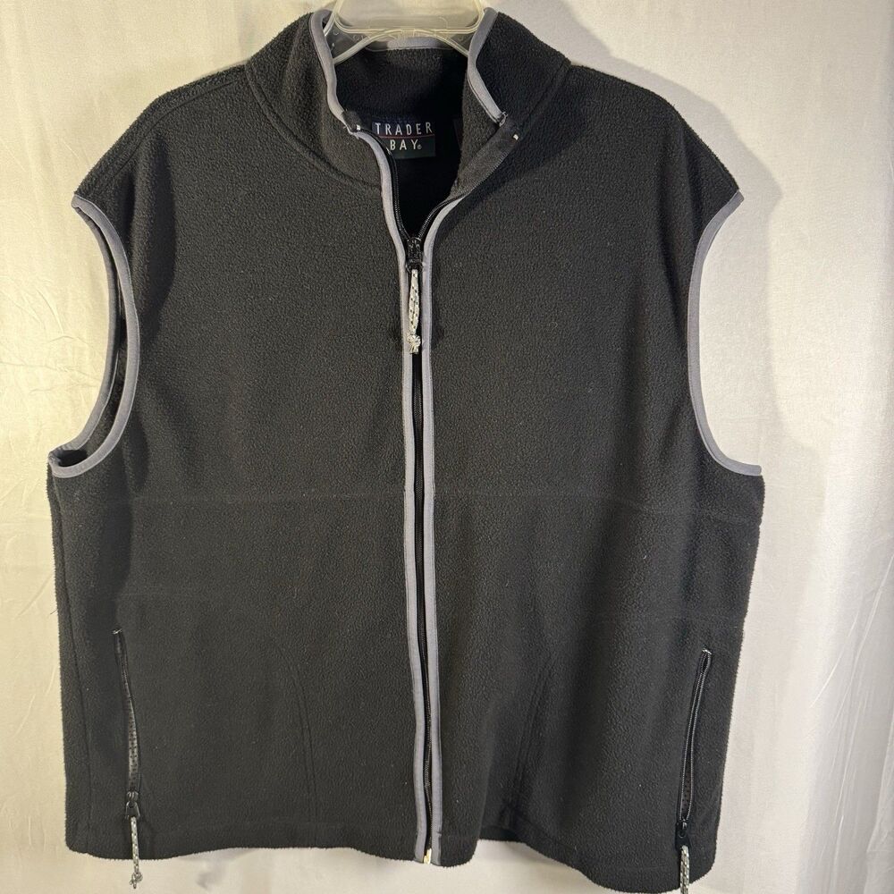 Trader Bay Mens Fleece Zip Vest Black Gray Trim Sleeveless Outdoor Size 2XL